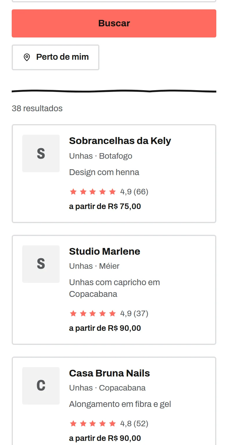 Tela de busca do ACHEI num celular, listando salões do Rio com avaliação, bairro e preço inicial.