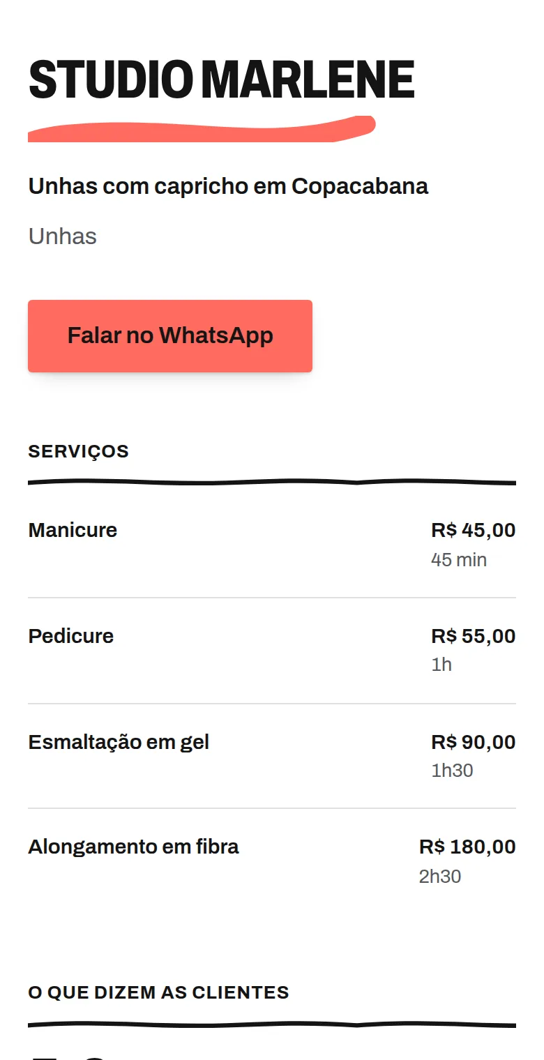 Página pública de um estúdio de unhas no ACHEI, com tabela de serviços, preços, duração e avaliações.